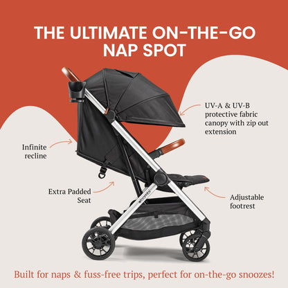 Bombi Bēbee V2 Lightweight Baby Stroller - Premium Vegan Leather, One-Hand Fold, Infinite Recline, Aircraft-Grade Aluminum Frame, XXL Canopy, and Ample Storage Umbrella Stroller - Sand