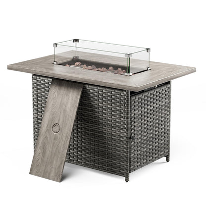 Belord 50000 BTU Propane Fire Pit Table with Lid and Lava Rock, 41 inch Rectangular Outdoor Firepit Wicker Furniture, Fireplace Table Perfect for Relaxed Outside Patio Backyard Ambiance, Gray