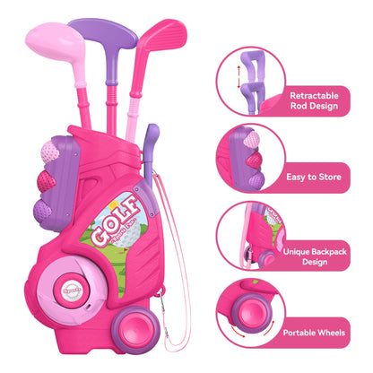 Liberry Toddler Golf Set for 1 2 3 4 Years Old, Upgraded Kids Golf Cart with Unique Shoulder Strap Design, Indoor and Outdoor Golf Toys for Boys Girls (Pink)