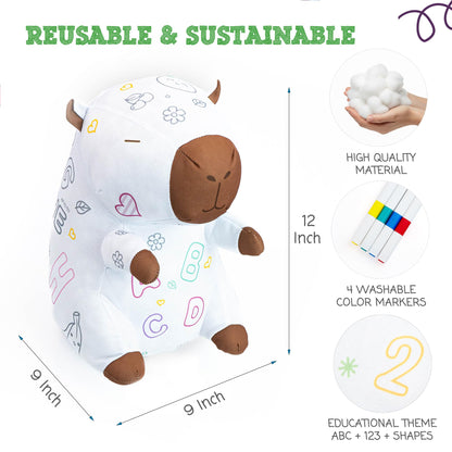KB Mlotek Capybara Coloring Plush Toy - Washable Doodle Stuffed Animal with Traceable Numbers & Letters - Color Me Plush Includes 4 Markers - Educational Reusable Draw on Stuffed Animal Doodle Doll