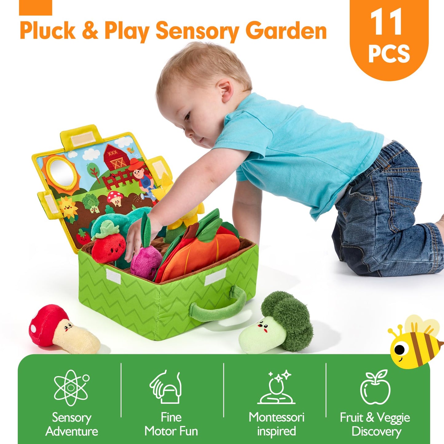 hahaland Baby Toys 6-12 Months - Fruits Vegetables Garden Plant Plush - 6 Month Old Toys Montessori Sensory Toy Carrot Flower with Rattles Mirror Squeaker Textures Crinkle Tissues, Baby Gifts 9 Month