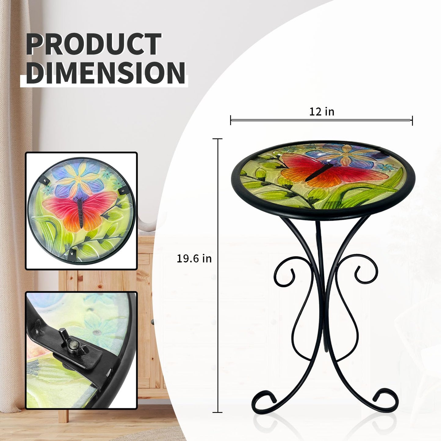HONGLAND Outdoor Side Table, Small Outdoor Table, 12" Round Patio Side Table End Table, Glass Plant Stand, Small Bistro Coffee Table for Garden Patio Porch Living Room (Butterfly)