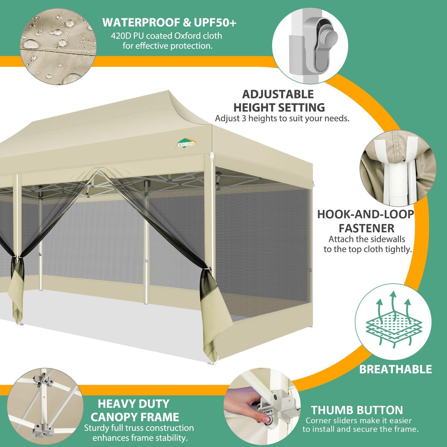 COBIZI 10x20 Canopy Tent with 6 Sidewalls,Heavy Duty Pop up Canopy with Mosquito Netting,Easy up Screen Tent for Parties Wedding Outdoor Patio with Roller Bag,Khaki