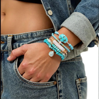 NUZUJX 5PCS Natural Boho Beaded Bracelets Bangle for Women Men,Healing Turquoise Crystal Gemstone Stone Chakra Multilayer Wrap Bohemian Handmade Jewelry Beads Stretch Bracelet Set