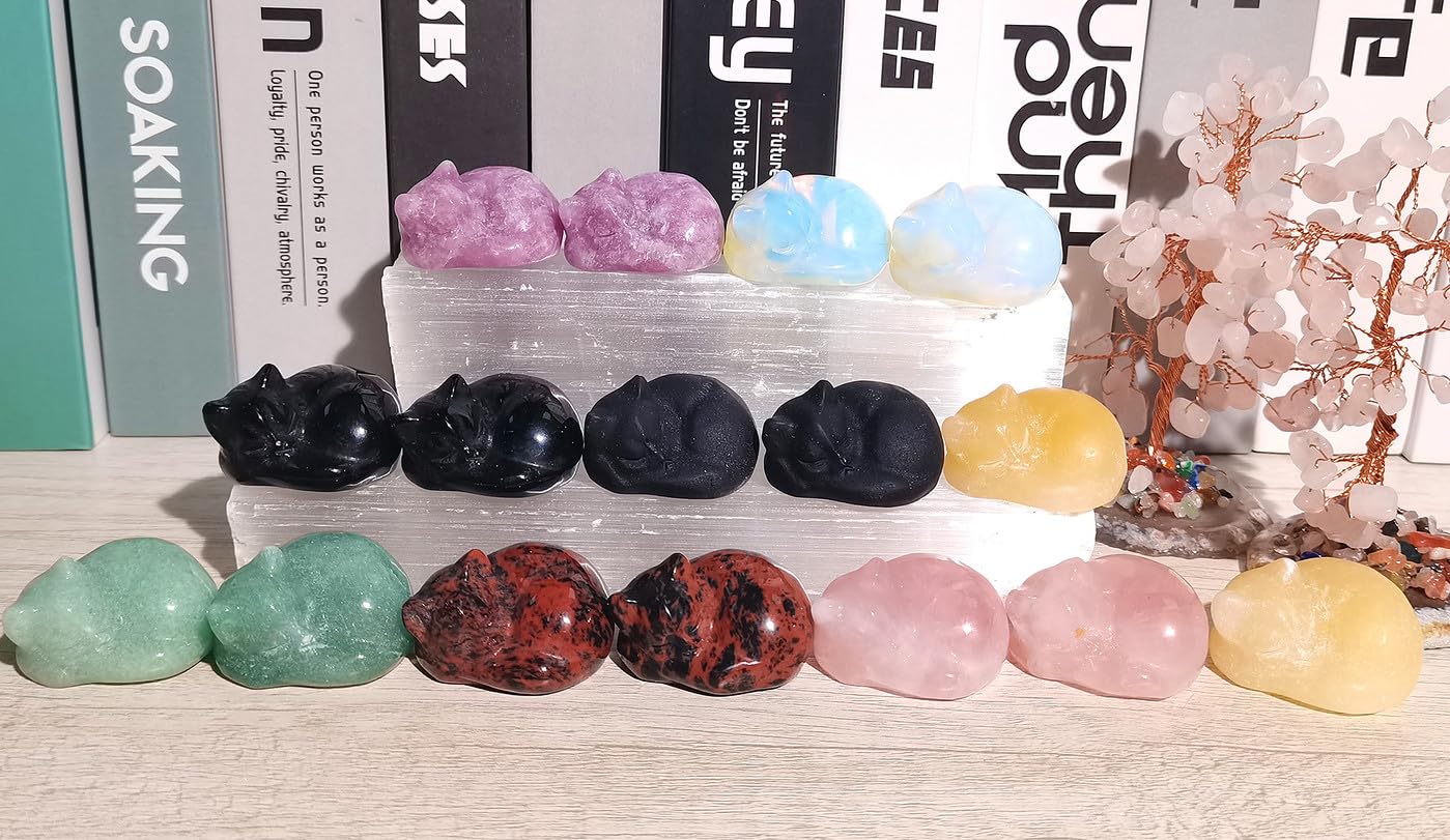 QINJIEJIE Red Obsidian Cat Crystals Decor Sleeping Cat Statue Healing Stone Decor Pocket Polished Gemstones Figurine Office Room Home Desk Decors Cute Gem Gifts for Women Men Stocking Stuffers