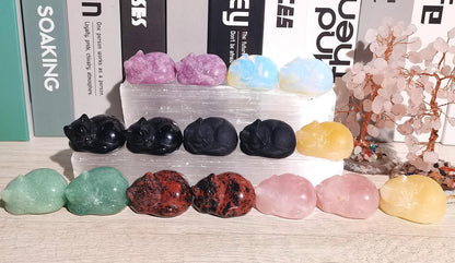 QINJIEJIE Fancy Calcite Cat Crystals Decor Sleeping Cat Statue Healing Stone Figurine Decors Gift Hand Carved Gemstones Office Room Home Desk Lucky Decoration Cute Orange Gifts for Women Men
