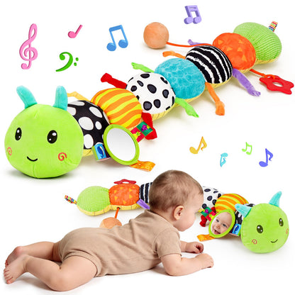 Baby Sensory Toy 0-6 Month Music Animal Stuffed Plush Caterpillar Toy for Infant 0-3-6-12 Month Old Tummy Time with Mirror Crinkle Rattle Toys for Newborn Boys Girl Shower Gifts Easter Basket Stuffer