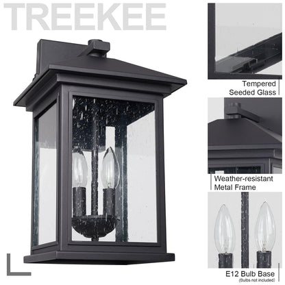 Treekee Outdoor Wall Light Fixtures, 16 Inch Waterproof Square Lanterns, 2-Light Exterior Porch Sconces Lighting with Seeded Glass Shade, Modern Black Lamps for Patio Front Door Entryway