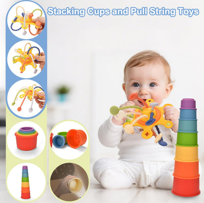 Baby Toys 6-12 Months,Montessori Toys for 6-9-12 Month old,6-in-1 Sensory Toys Stacking Cups Building Blocks,Teething Pull String,Tissue Box Toys for Babies 6-9-12,18-24 Months,1-3 Year old Baby Gifts