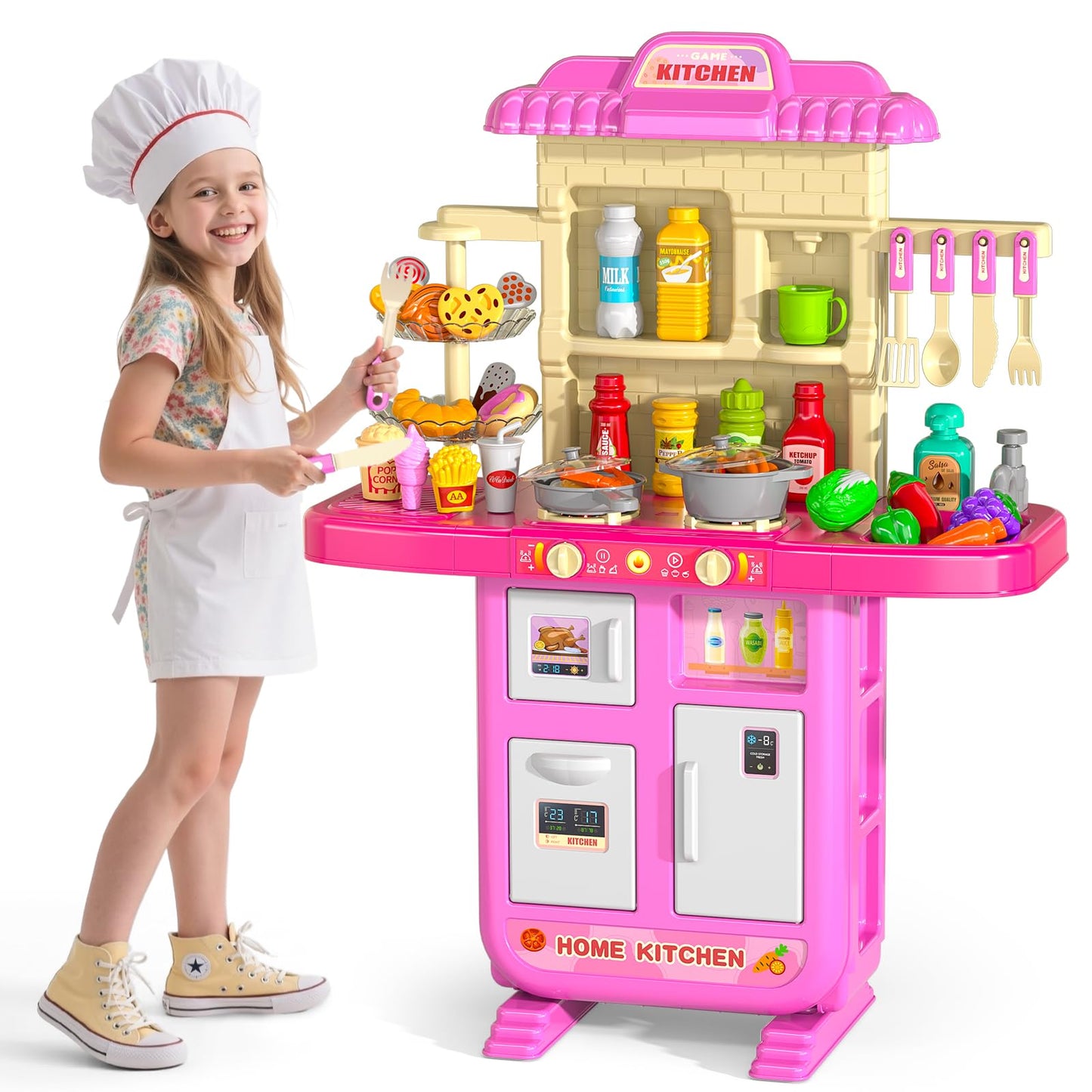 MSKOLER Play Kitchen Playset, Girls Kitchen Toys for Ages 2-6 4-8 with Light, Sound and Spraying, Sink Toy Accessories, Cooking Stoves, Pretend Food for Toddlers 1-3 3-5