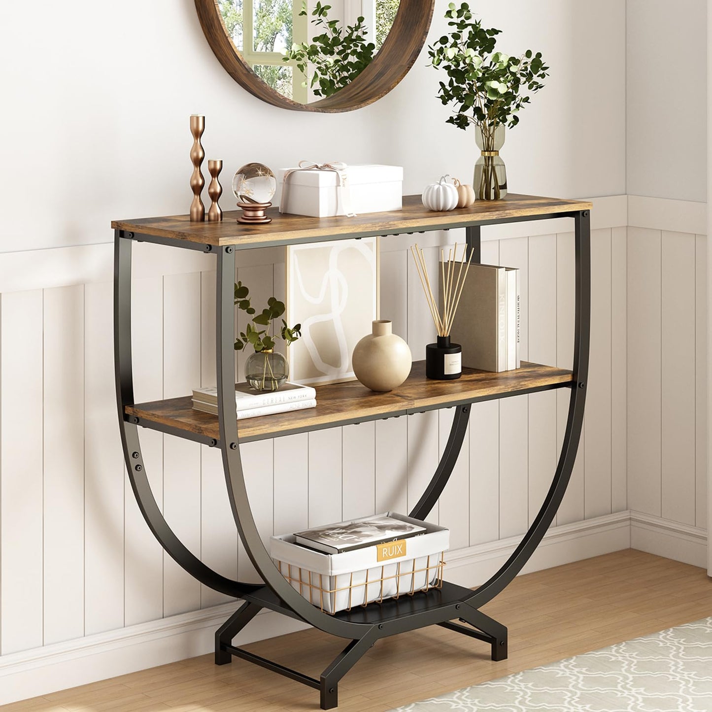 GILLAS 3 Tier Console Tables, 30" Height Entryway Table, Sofa Table Behind Couch, Industrial Entryway Furniture TV Stand with Storage for Living Room, Easy No-Extra-Tools Assembly, Rustic Brown