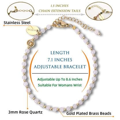 Morchic 3mm Pink Rose Quartz Natural Gemstone Beaded Bracelet for Women, Dainty Tiny Charm Jewelry, Adjustable 7.1-8.6", Ideal Birthday Holiday Gift