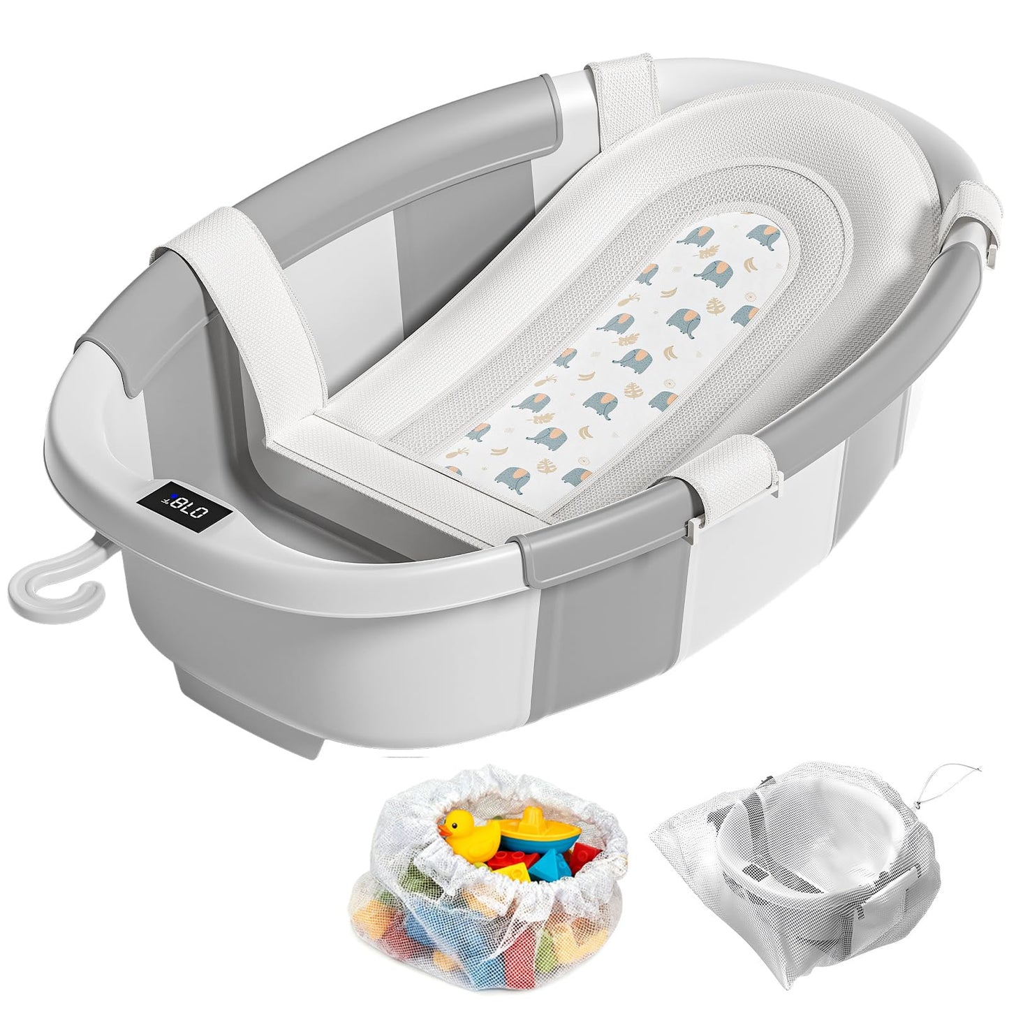 Collapsible Baby Bathtub with Soft Cushion and Thermometer, Newborn to Toddler Tub 0-36 Months with Toy Storage Mesh Bag, Portable Travel Bath for Infants (Grey)