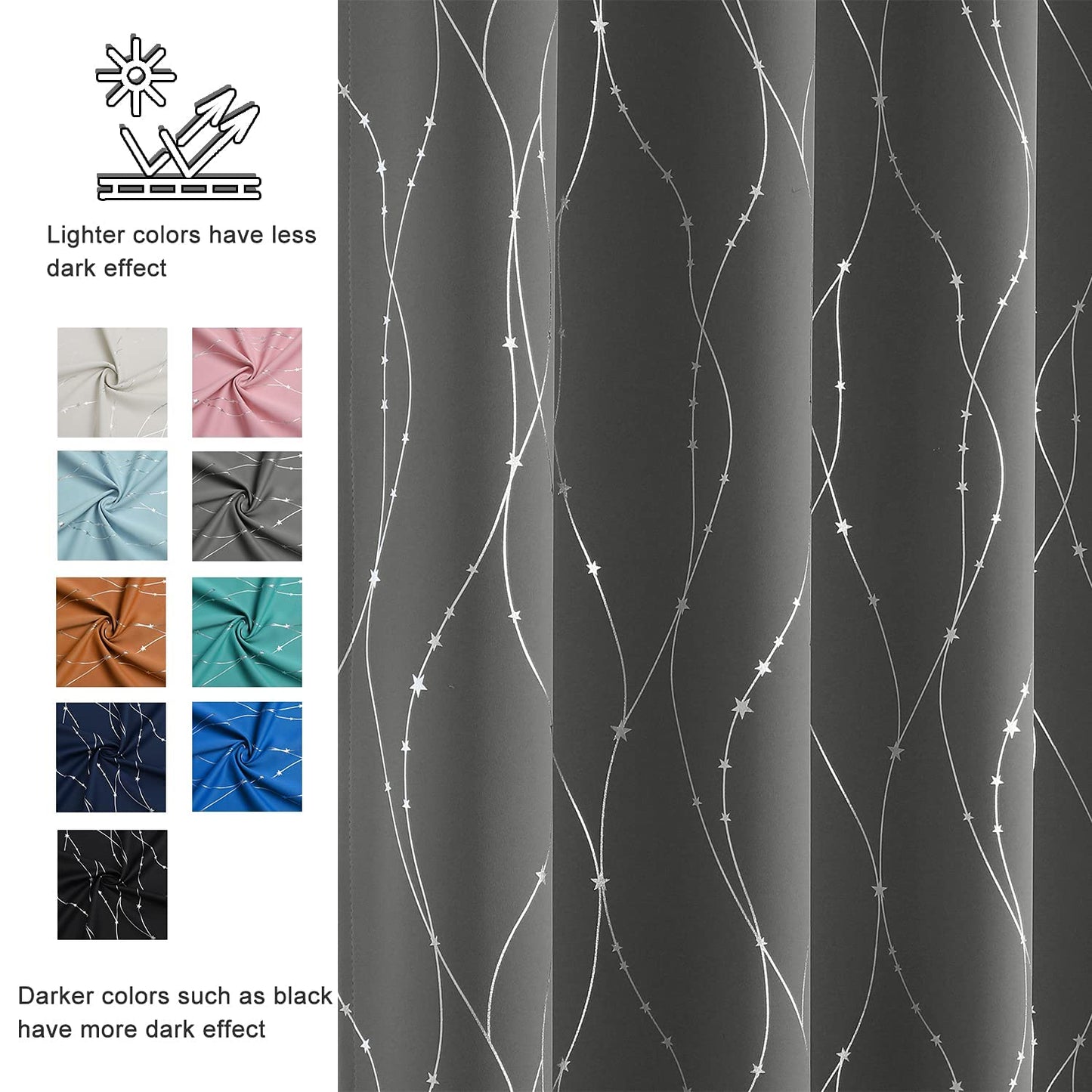 SMILE WEAVER Grey Blackout Curtains for Living Room 63 Inch Long 2 Panels,Room Darkening Curtain-Star Print Design Noise Reducing Thermal Insulated Light Blocking Bedroom Window Drapes