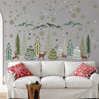 Teling 8 Pieces Winter Snowflake Wall Decals Stickers Dreamy Nursery Forest Woodland Trees Deer Pine Tree Wall Decals for Kids Room Winter Decor(Green, Brown)