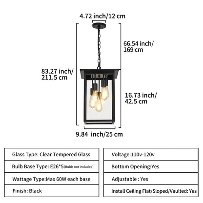 Modern Outdoor Pendant Light with Dual E26 Base Socket, Black Chandelier with Clear Glass Shade, Exterior Hanging Lantern for Front Porch Entrance Foyer Entryway