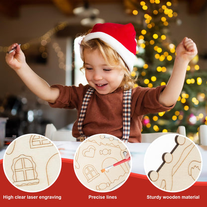 COCHIE Wooden Christmas Ornaments to Paint for Kids Adults Set of 24, Xmas Unfinished Wood Crafts for Painting, DIY Paintable Christmas Cutouts Slices for Craft with Ropes (Gingerbread House)