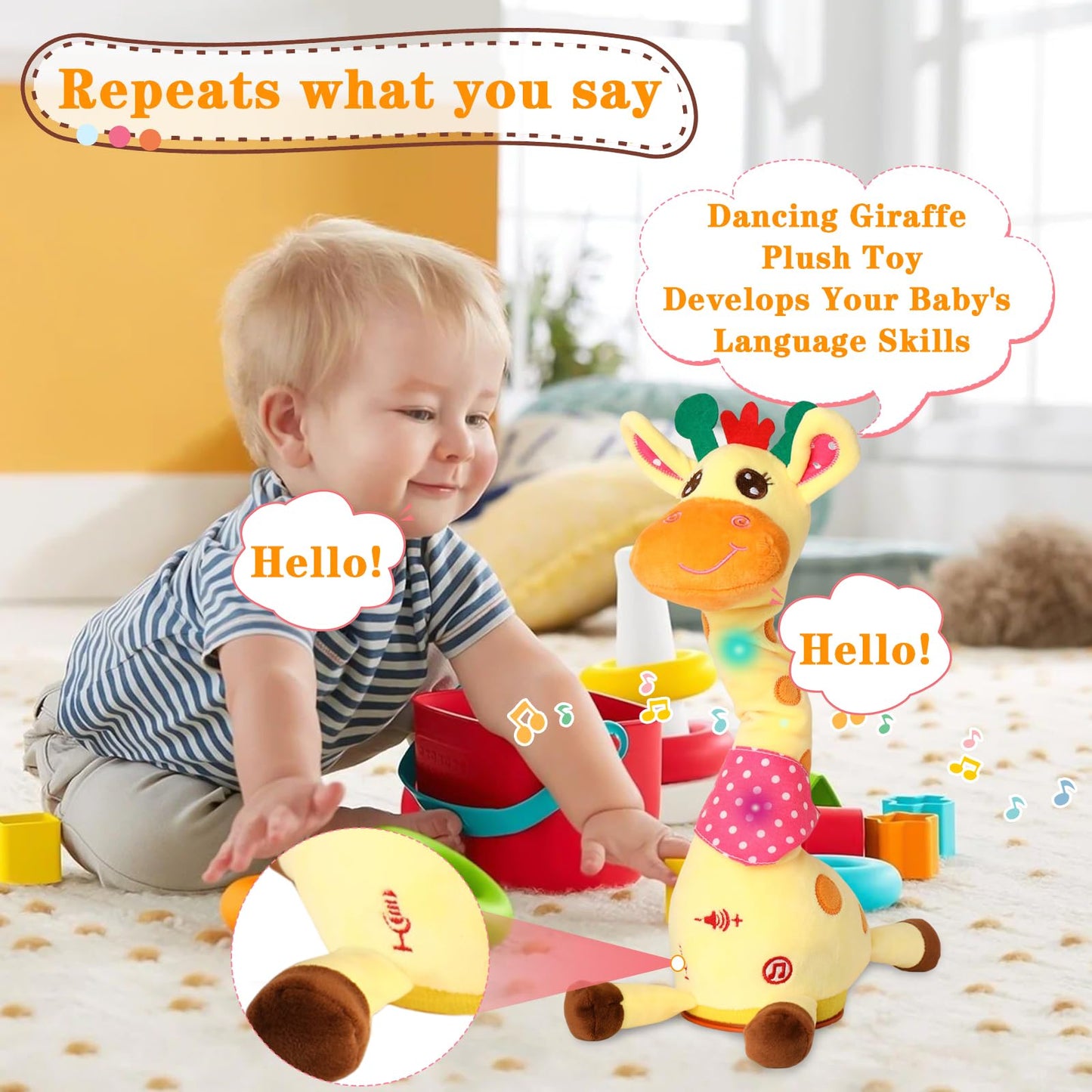 LLUKEME Dancing Talking Giraffe Toy for Baby Girl & Boy, Interactive Stuffed Animal Baby Toy Repeating What You Say, Glowing Musical Giraffe Gifts for Toddlers 1-3 Years Old, for Kids (Giraffe)