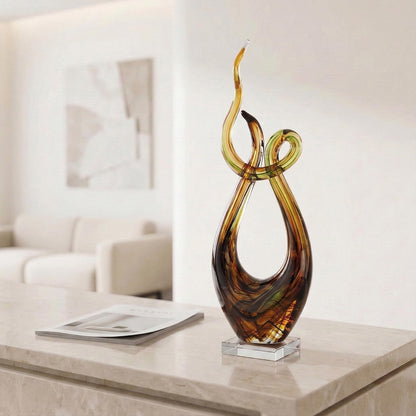LCCCK 21.7in Tall Abstract Glass Sculpture Knot Spiral Statue, Amber Hand Blown Glass Art Decor for Home Living Room Bedroom Shelf Mantel Tabletop Display Decorative Figurine