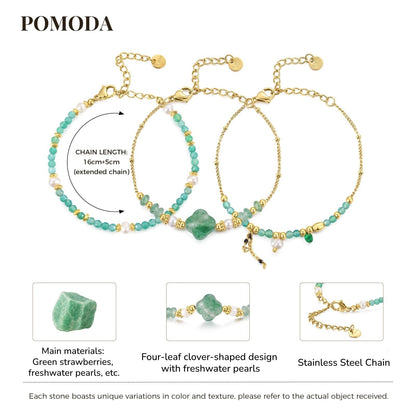 POMODA Beaded Bracelets Set for Women Stackable Healing Layered Bracelets Stack 3PCS Aquamarine Gemstone Crystal Dainty Boho Summer Jewelry for Women Natural Stone 14k Gold Plated