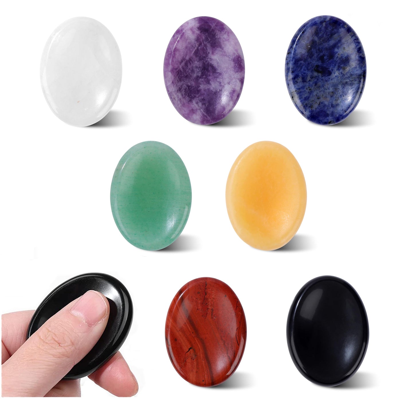GolbalJew 7PCS Thumb Worry Stones for Anxiety Healing Crystals Sets, 7 Chakra Crystals and Healing Stones, Meditation Crystal Reiki Natural Relax Palm Stone for Anxiety Therapy Relief