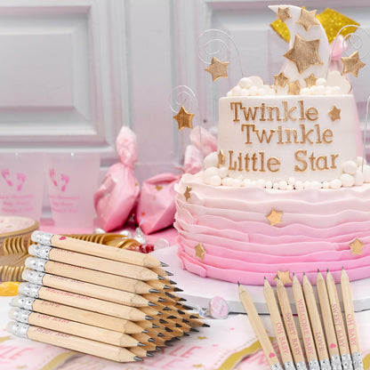 EYNDYN 100 Sets Pink Baby Shower Pencils Gifts Bulk for Guest Golf Half Pencils Baby Shower Game Sharpened Mini Pencil with Eraser It's A Girl Gender Reveal Party Favors