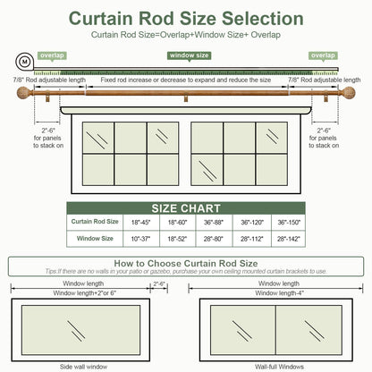 QDWIS Wood Curtain Rods for Windows 48 to 84 Inch,1'' Diameter Drapery Rods with Imitation Wood Grain Leaf Pattern Finials,Boho Adjustable Heavy Duty Curtain Rods Set,36-88'',Color:Natural Wood