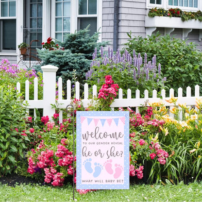 He or She Garden Flag 12x18" Double Sided Pink and Blue Flag Gender Reveal Yard Flag Boy or Girl Baby Footprint Welcome Banner Pregnancy Announcement Baby Shower Decor Gender Reveal Party Supplies