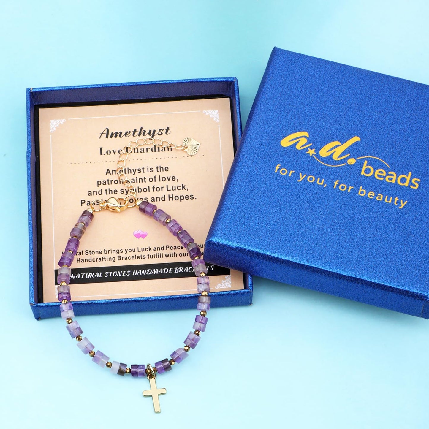 Natural Gemstone Healing Crystal Amethyst Dainty Charms Cross Bracelet Adjustable Chain Extender Minimalist Jewelry