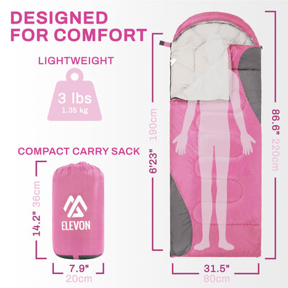 Elevon Sleeping Bag for Adults Teens Kids Cold Warm Weather, Portable Waterproof & Lightweight, Pink