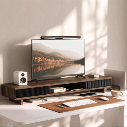 UniAbode Dual Monitor Riser with Sliding Doors & Storage - 42.5" Extra Wide Dual Monitor Stand for Desk Organizer,Desk Shelf for Office & Gaming - Acrylic Wave Design,110 lbs Capacity,Walnut
