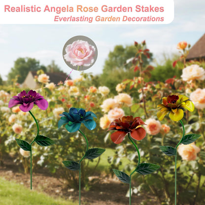 gronhof Glow-in-the-Dark Metal Flower Garden Stakes, 4 Pack Waterproof Outdoor Yard Art, Rust-Resistant Floral Decor for Lawn, Planters, Pathway & Patio, No Battery Needed