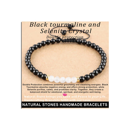 AD Beads 4mm Black tourmaline + Selenite Crystal - Double protection - Handmade Natural Stone Crystal Bracelet with Adjustable Macrame String - Yoga Healing Power Energy Gifts for Men and Women