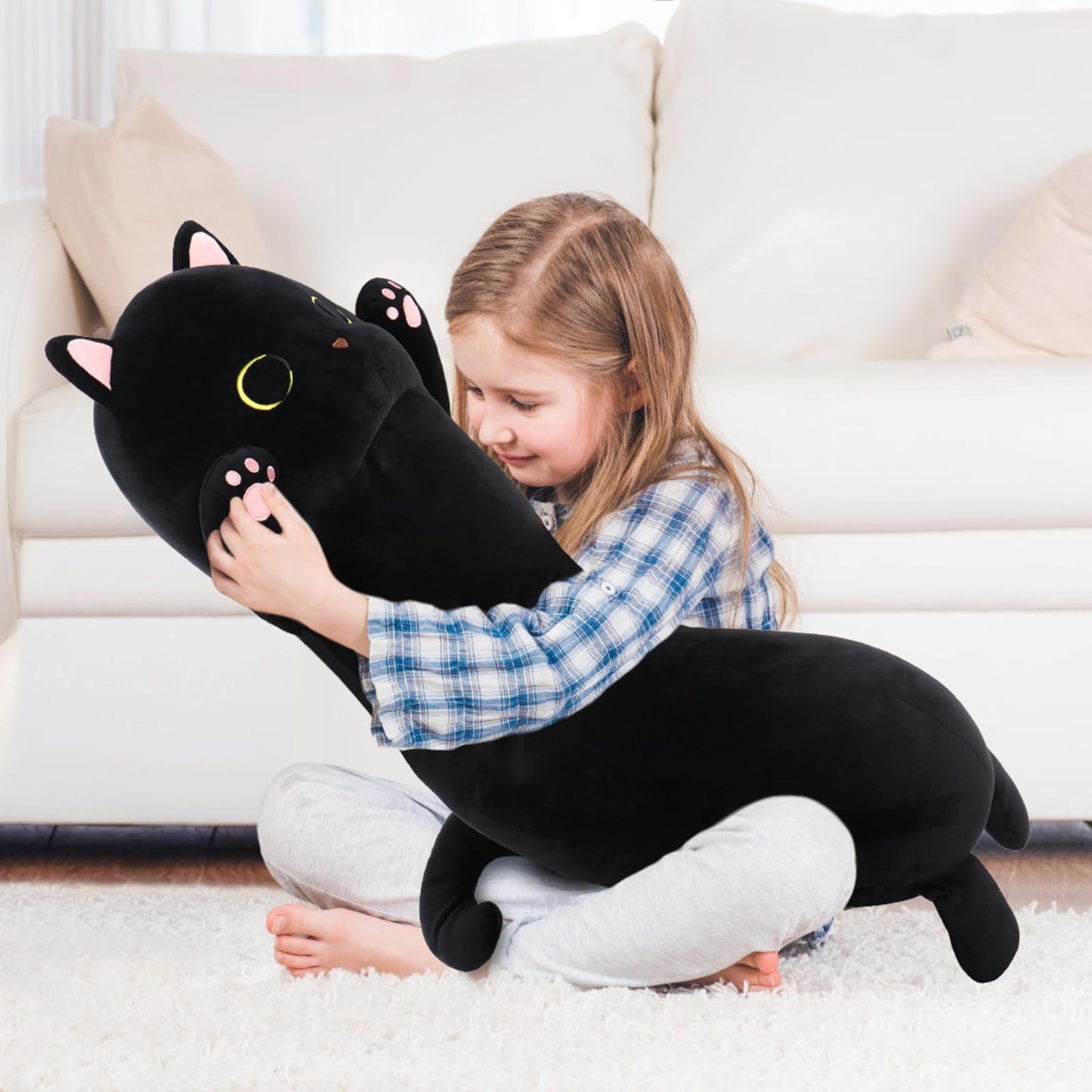 MaoGoLan Long Cat Body Pillow for Kids, 44'' Big Kitten Plush for Adults, Big Black Cat Stuffed Animal for Girl, Large Kitten Plush Throw Pillow for Mother's Day Birthday Gift, Baby Shower Party Decor