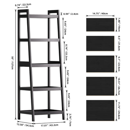SMIBUY Bamboo Ladder Bookcase, Bathroom Storage Rack Organizer, 4 Tier and 5 Tier Freestanding Plant Display Stand Space Saver Shelves for Bedroom, Kitchen, Balcony (Black, 5 Tiers (50" H))