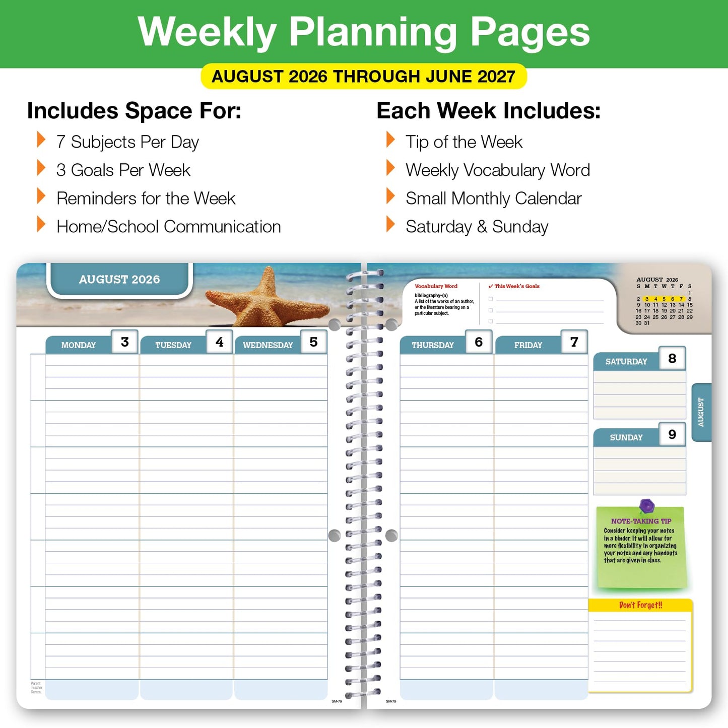 Global Datebooks 2026-2027 Middle & High School Student Planner 7" x 9" - Dated Weekly & Monthly Academic Planner w/Ruler/Bookmark & Stickers, Ideal for Homework, Matrix Style, Spectrum
