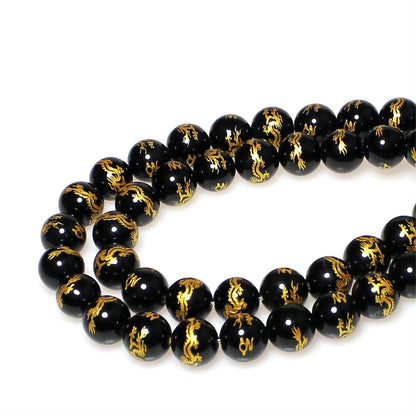 MJDCB Natural Stone Beads 8mm 43pcs Round Black Onyx Carved Dragon Loose Gemstone Bead Charms for Jewelry Making Bracelet Necklace Earring Pendant