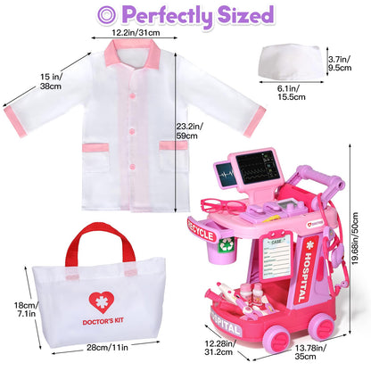 Phobby Doctor Kit for Toddlers Aged 3 4 5, Medical Pretend Play Set for Kids with Bag and Costume, Doctor Cart Toy for Girls Boys Birthday Gift (Pink)
