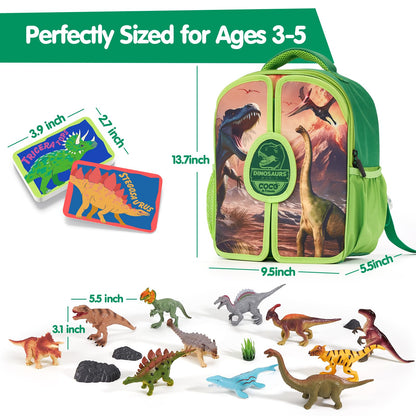 COCO&Friends Dinosaur Toys for Kids 3-5 - Portable Dinosaur Backpack Play Set with Foldable 3D Mat, Pretend Play Toy for 4 Year Old Boy Birthday Gift - Travel Outdoor Beach Toys for Kids Ages 4-8