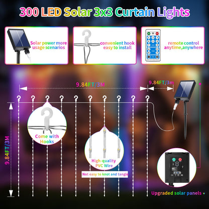 Solar Curtain Lights 10x10Ft 300LED Twinkle Fairy String Lights Multicolor Cool White Dual Color Changing Dimmable Waterproof Remote Timer Memory for Christmas Wedding Pergola Patio Outside