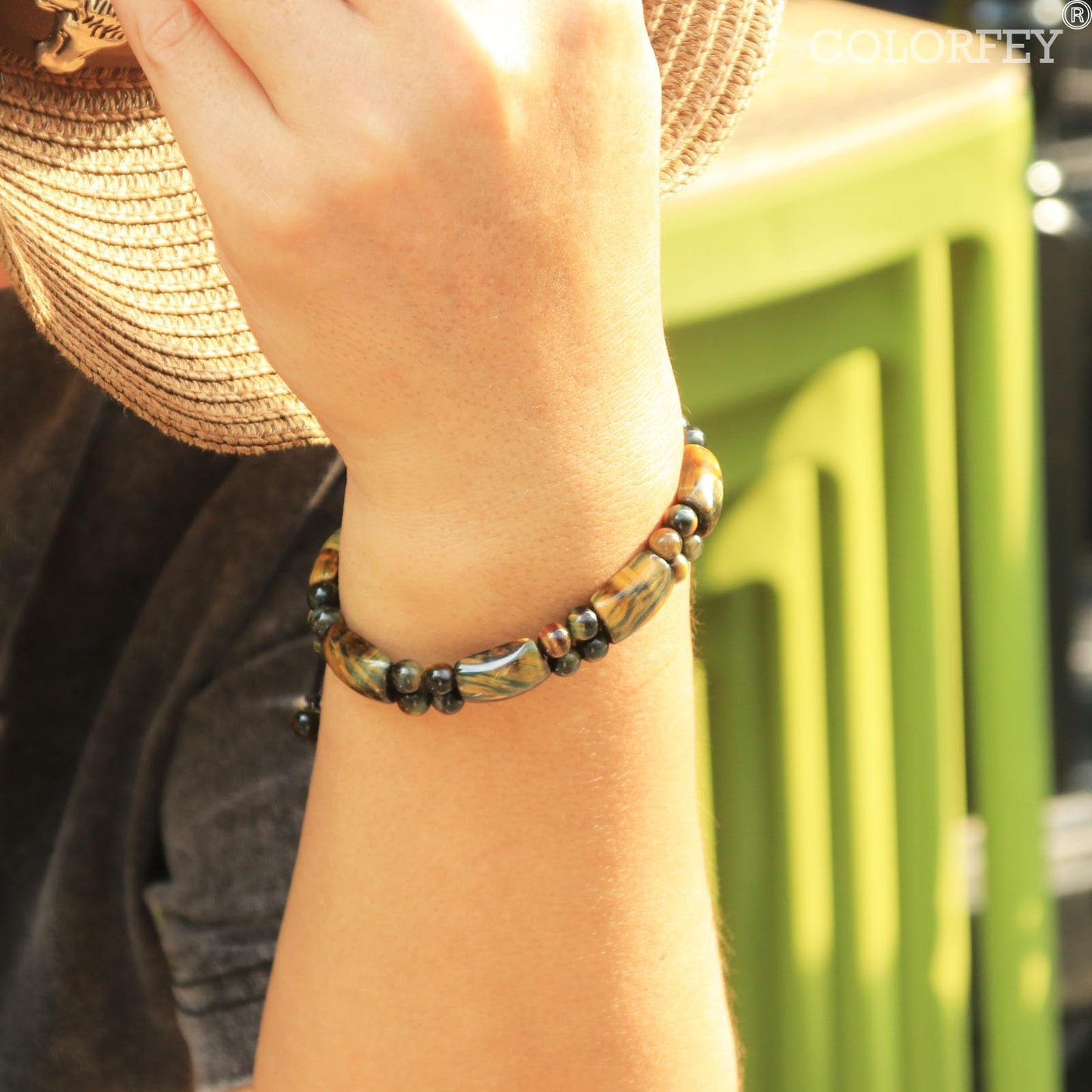 COLORFEY Tiger Eye Stone Bracelet for Men Authentic Mens Beads Bracelets Unique Tiger Eye Crystal Bracelet for Men, Unltimate Protection Mens Stone Bracelet Healing Power Energy Gifts for Father Son