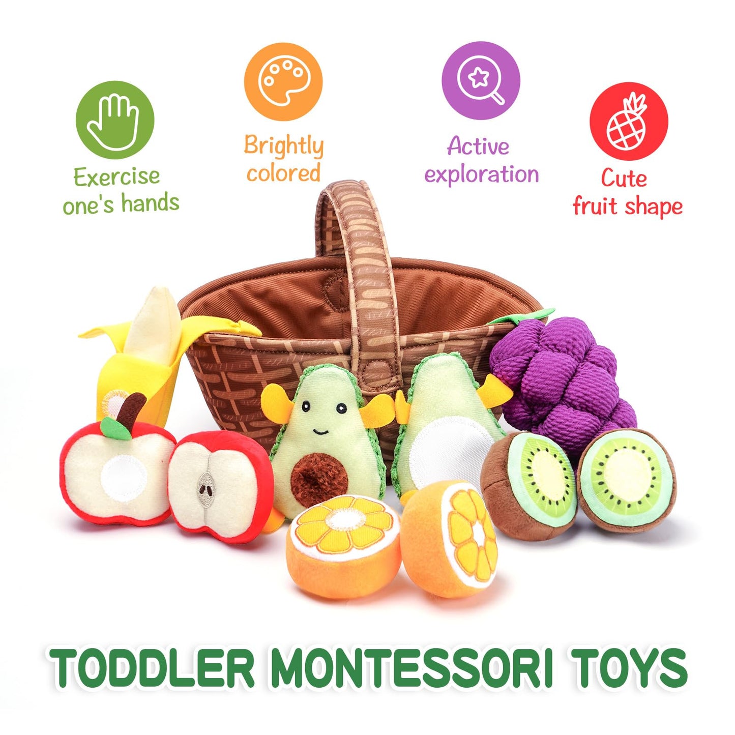 Jollybaby Plush Stuffed Cloth Fruit Food Toy Set for Toddler 1-3, Soft Fruit Basket Montessori Sensory Toy for 1 Year Old, Felt Pretend Fake Food Toy for Baby 0-6-12 Month, Newborn