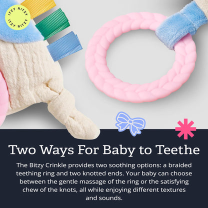 Itzy Ritzy - Bitzy Crinkle Sensory Toy for Babies & Toddlers — Features Crinkle Sound, Soft Braided Teething Toy Ring & Textured Ribbons — Gender Neutral Baby Item for Ages 0 Months & Up, Kitty