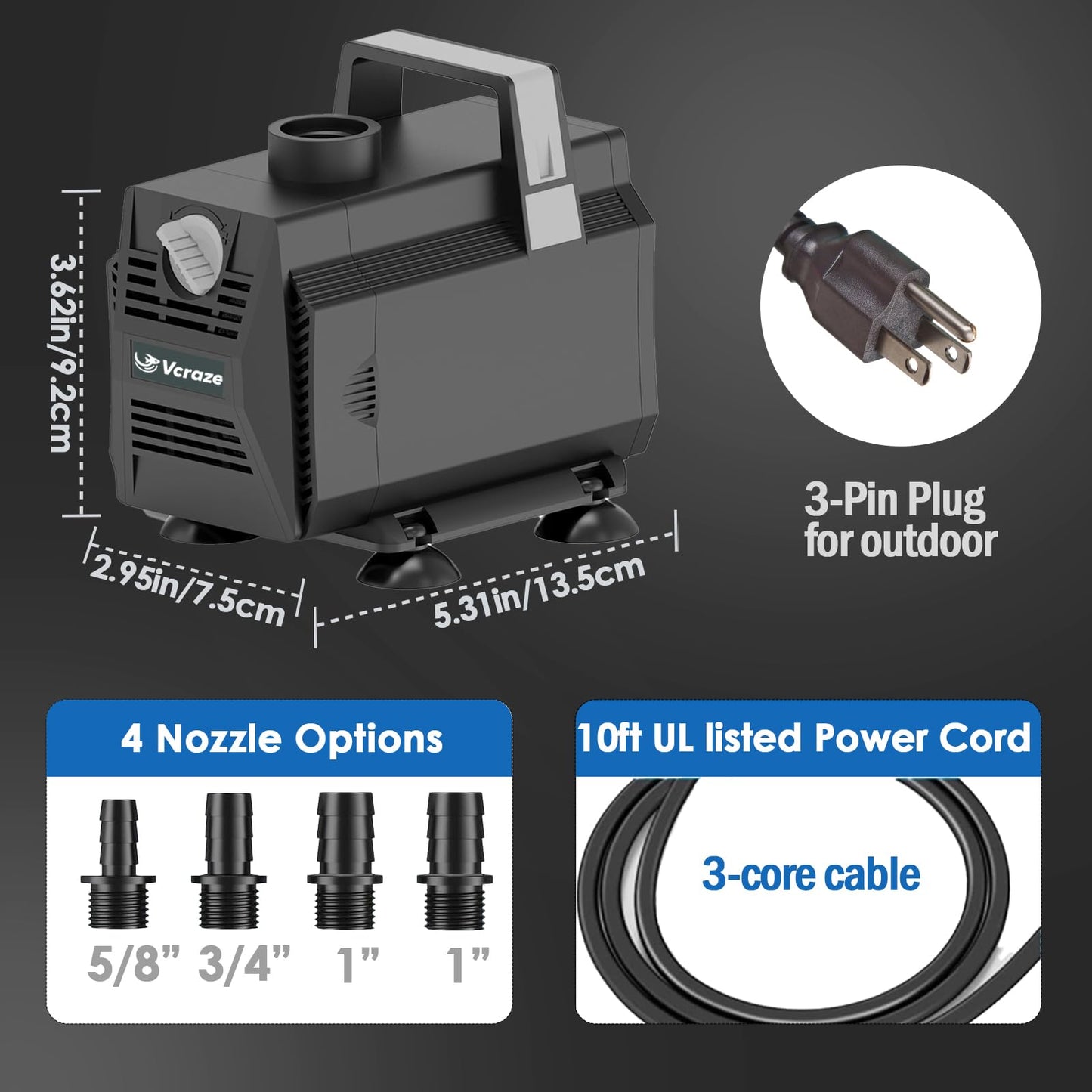 VCRAZE Submersible Water Pump 880GPH/45W Fountain Pumps with Flow Control, Pond Pump Submersible Outdoor with 10ft 3-Core Power cable for Hydroponics, Aquarium, Waterfall, Statuary, Water feature