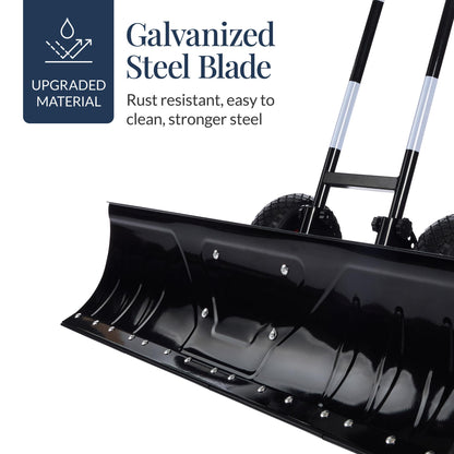Best Choice Products 36in Galvanized Blade Heavy-Duty 2-Wheel Snow Pusher Hand Plow for Snow Removal w/Wheels, Adjustable Handle, Blade Angle - Black