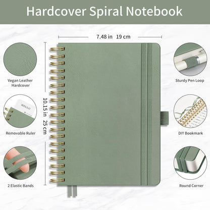 EMSHOI B5 College Ruled Spiral Notebook, Thick 300 Numbered Pages, 100GSM Ink-Proof PU Leather Hardcover Lay-Flat Lined Journal for Work Office School Writing, 7.48"x10.15", Light Green