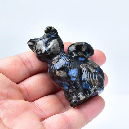 WUYOUSHI Natural Blue Amphibole Crystal Cat Statue 2.4 Inch - Handmade Healing Sculpture, Lucky Guardian Pocket Statue for Reiki Meditation, Office & Home Decoration Gift