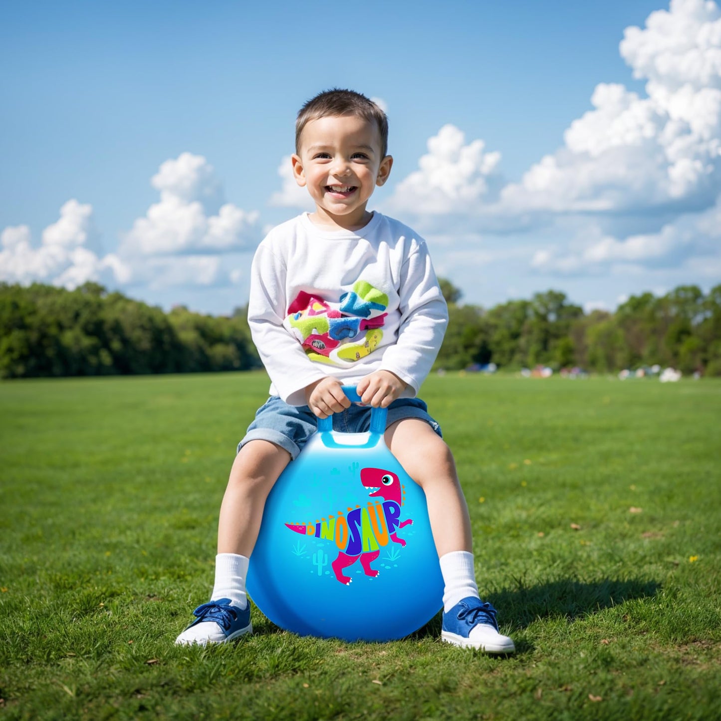 ZOOJOY Hopper Ball for Kids,18Inch Bouncy Ball with Handle - Blue Dinosaur Toys for 3-8 Years Old Boys Girls with Pump, Inflatable Toddler Bouncer Gifts for Indoor Outdoor Active Play