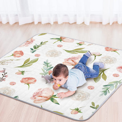 Funtery 43 x 43 Inch Boho Baby Play Mat Portable Crawling Washable Foldable Tummy Time Non Slip Baby Floor Large Playpen Mat for Infants Toddlers Floor Playpen Activity(Flower Theme)