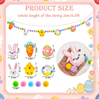 6.5ft Easter Garland Decorations, Handmade Felt Bunny Chick Carrot & Egg Pom Pom Garland, Farmhouse Spring Mantel Decor for Home Fireplace Wall Reusable Easter Banner for Indoor Party